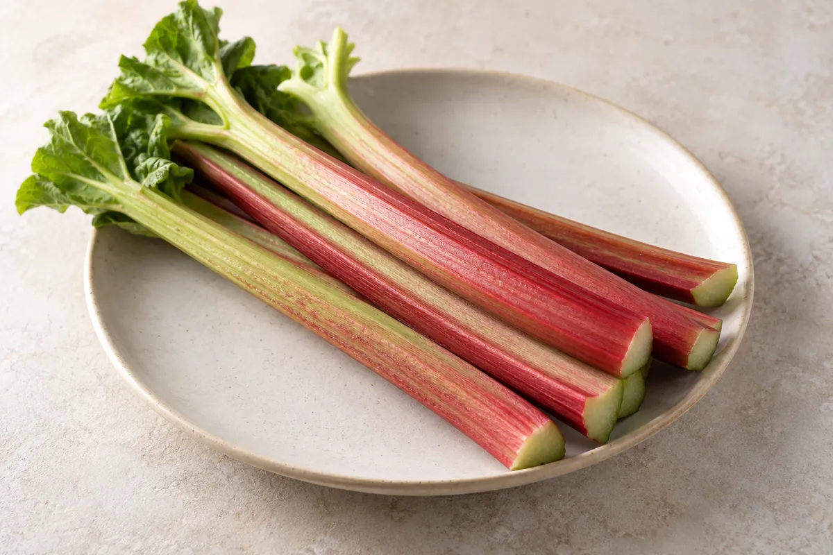 Rhubarbe tige crue sur un fond de lin clair.