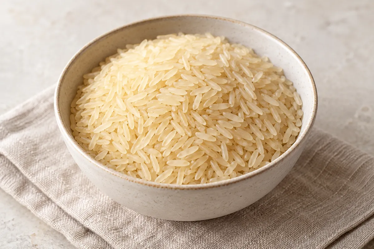 Riz blanc étuvé cru sur un fond de lin clair.