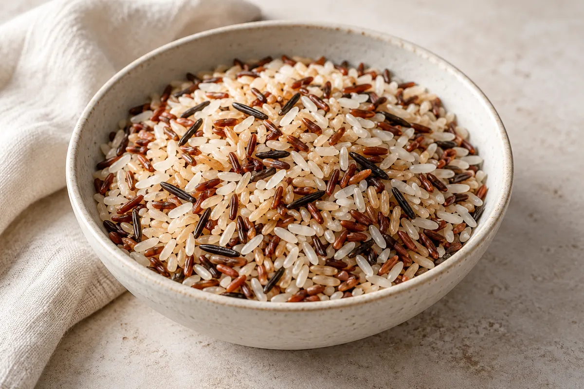 Riz mélange de variétés cru sur un fond de lin clair.