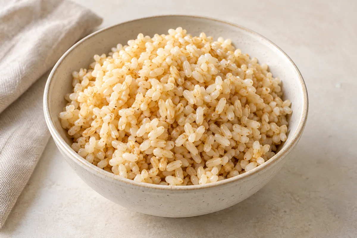 Riz semi-complet cuit sur un fond de lin clair.