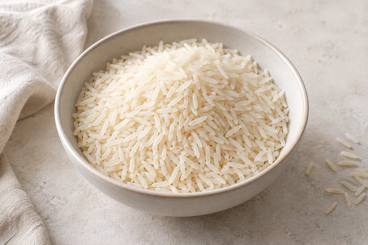 Riz thaï ou basmati cru sur un fond de lin clair.
