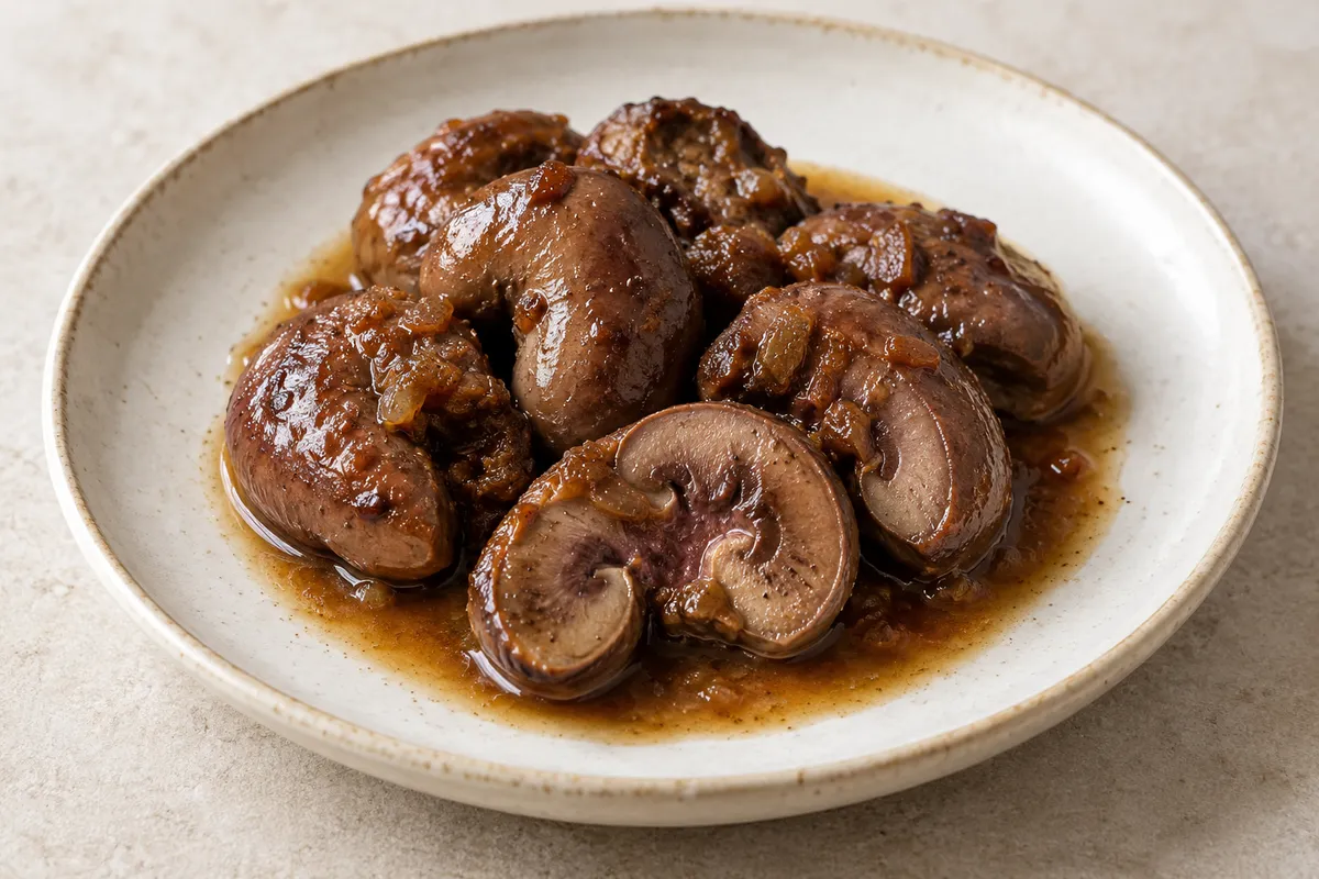 Rognon agneau braisé sur un fond de lin clair.