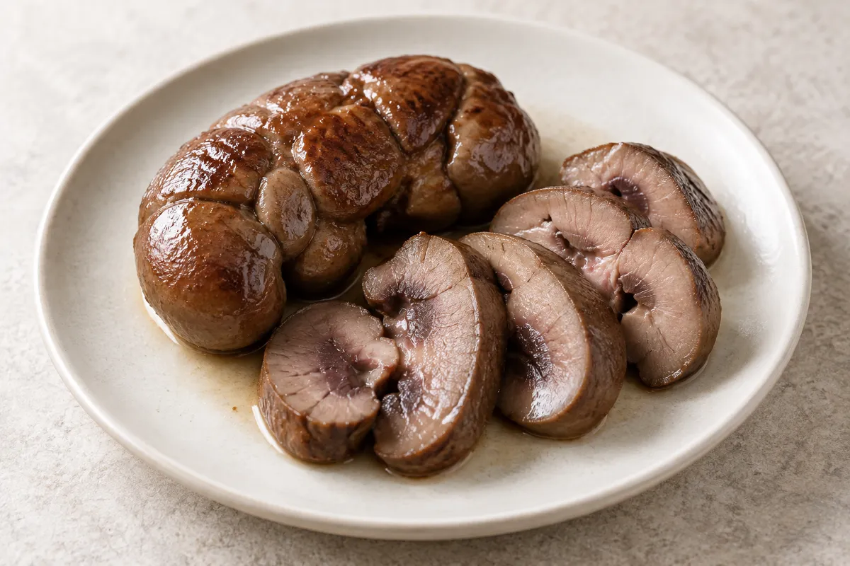 Rognon boeuf cuit sur un fond de lin clair.