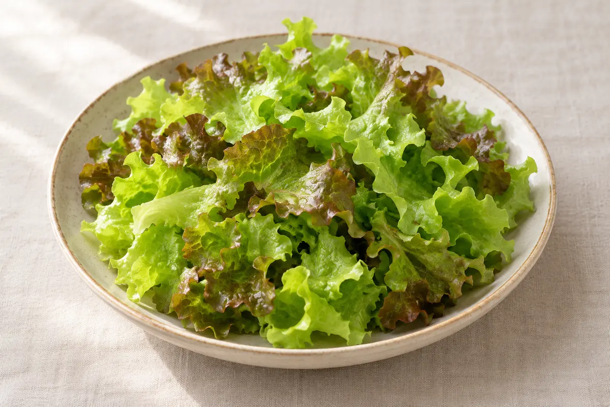 Salade feuille de chêne crue sur un fond de lin clair.