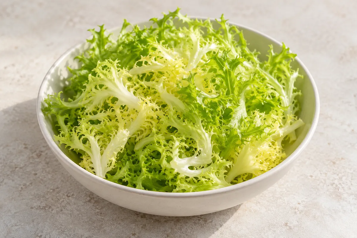Salade ou chicorée frisée crue sur un fond de lin clair.
