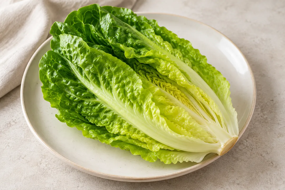 Salade sucrine crue sur un fond de lin clair.