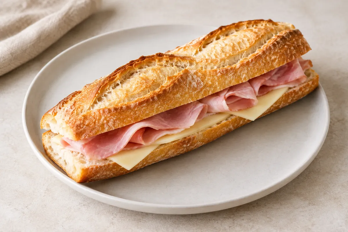 Sandwich baguette sur un fond de lin clair.