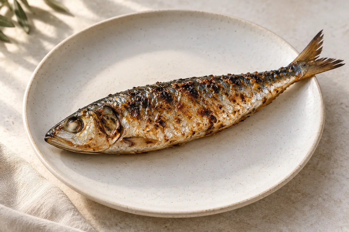 Sardine grillée/poêlée sur un fond de lin clair.
