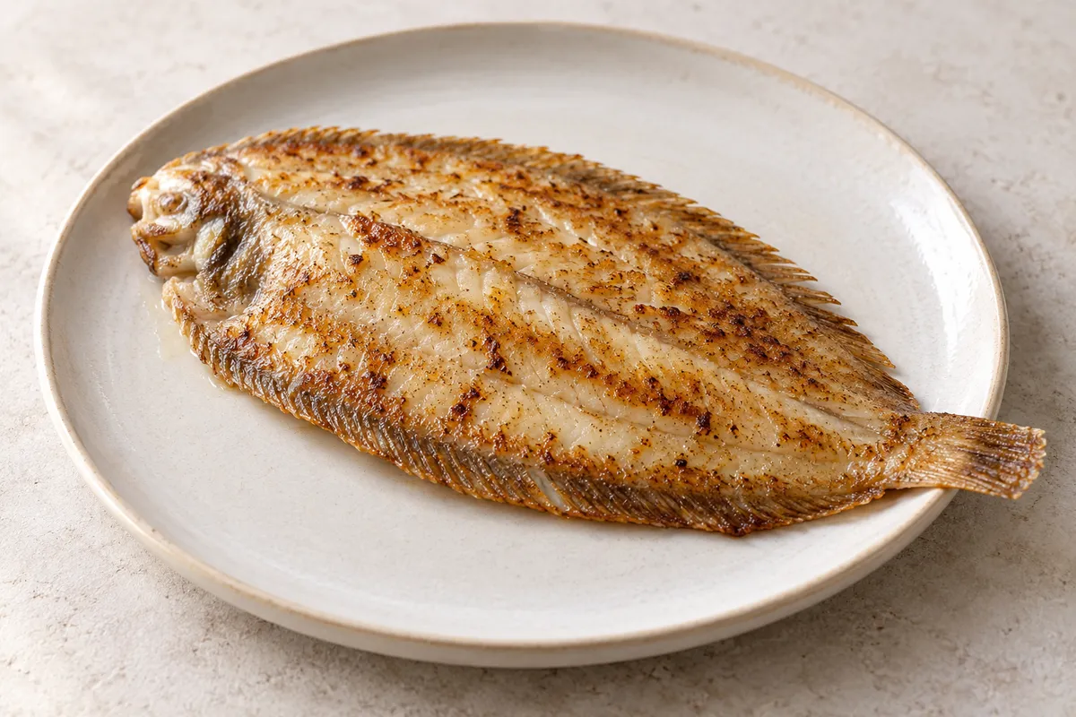 Sole grillée/poêlée sur un fond de lin clair.