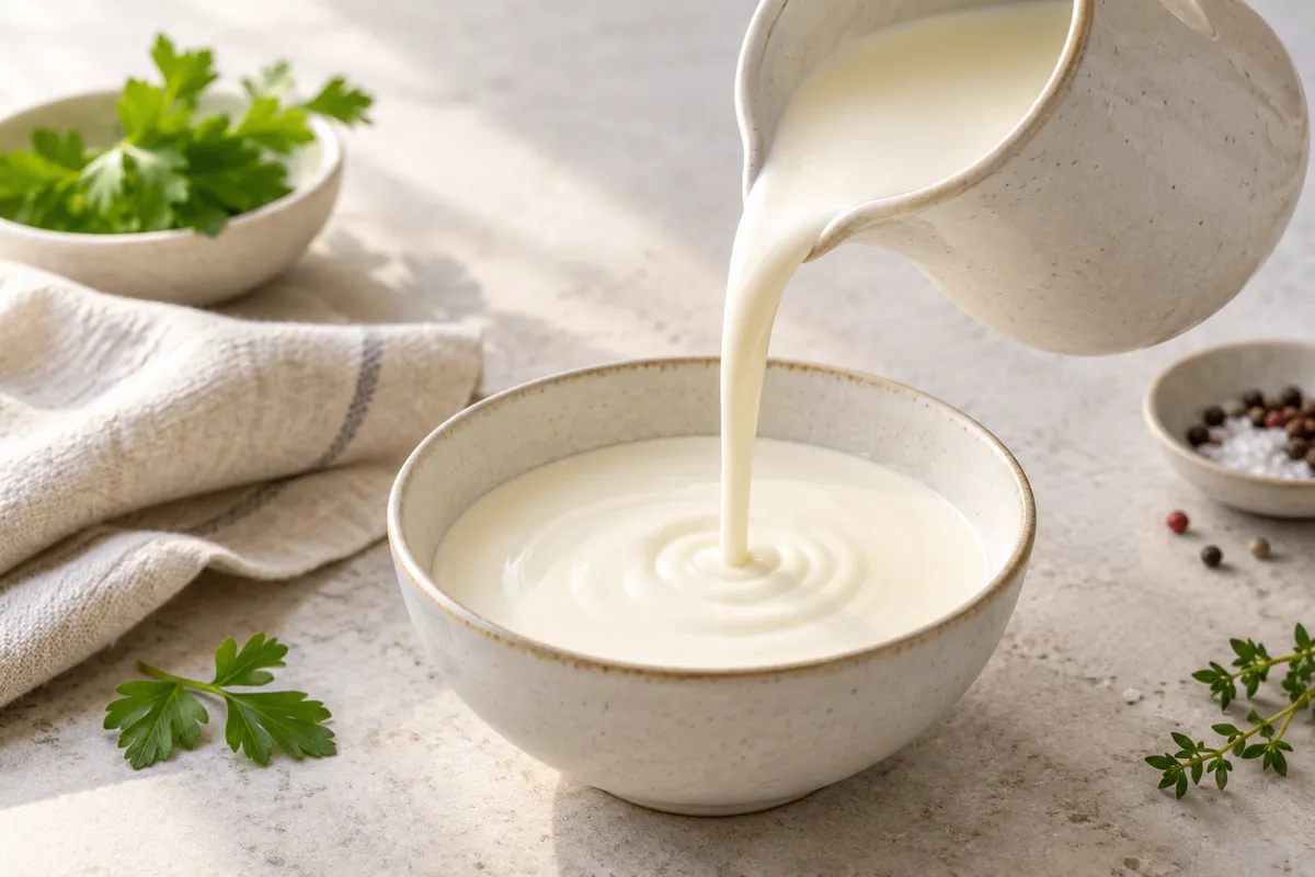 Spécialité à base de crème légère 4% MG environ fluide ou épaisse sur un fond de lin clair.