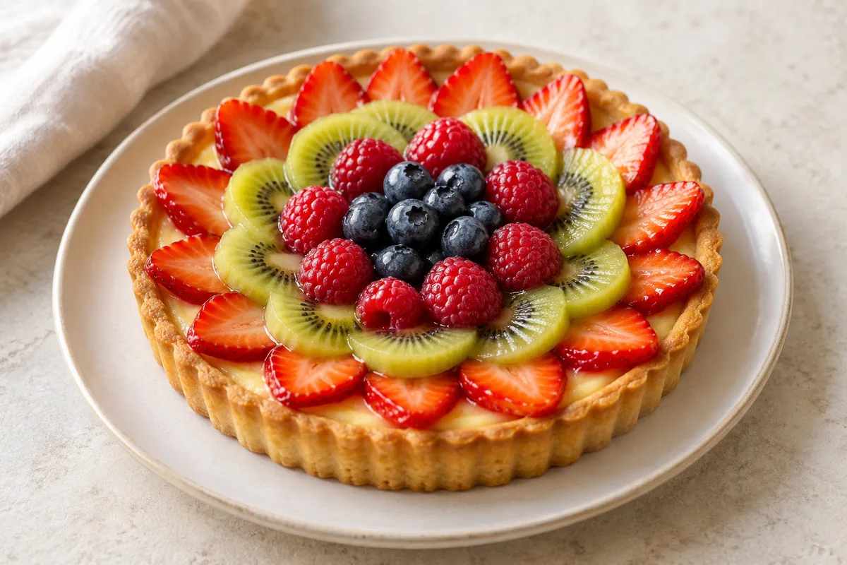 Tarte ou tartelette aux fruits sur un fond de lin clair.