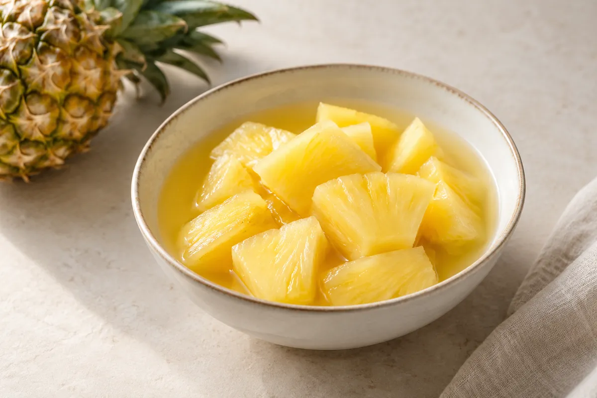 Ananas au jus sur un fond de lin clair.
