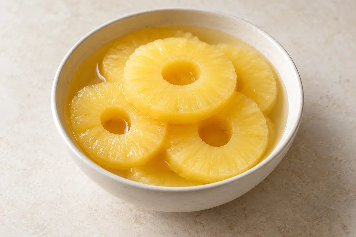 Ananas au sirop sur un fond de lin clair.