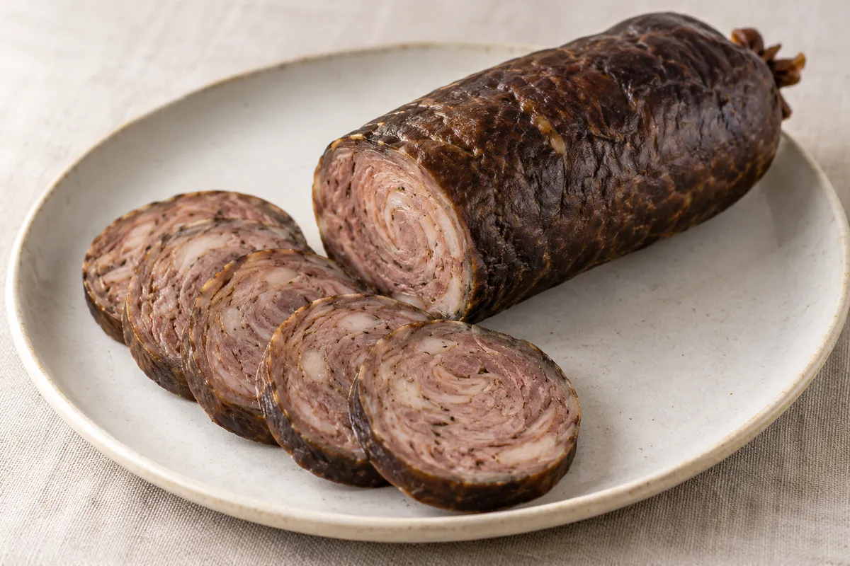 Andouille de guéméné sur un fond de lin clair.