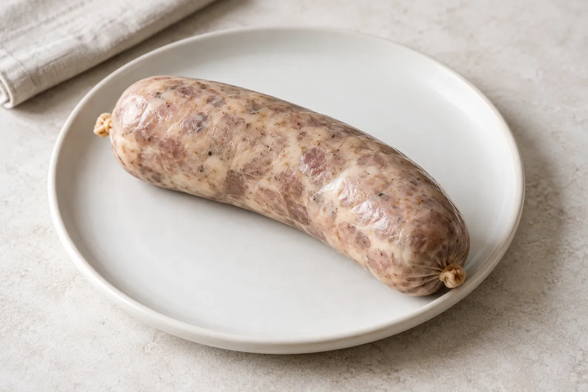 Andouillette à cuire sur un fond de lin clair.
