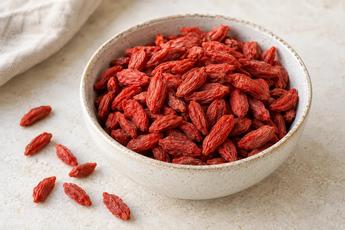 Baie de goji sur un fond de lin clair.