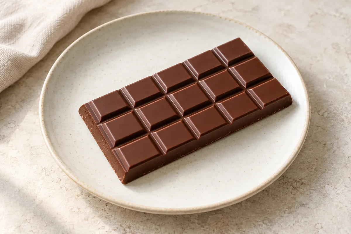 Barre chocolat sur un fond de lin clair.