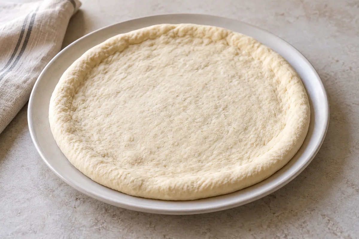 Base de pizza sur un fond de lin clair.