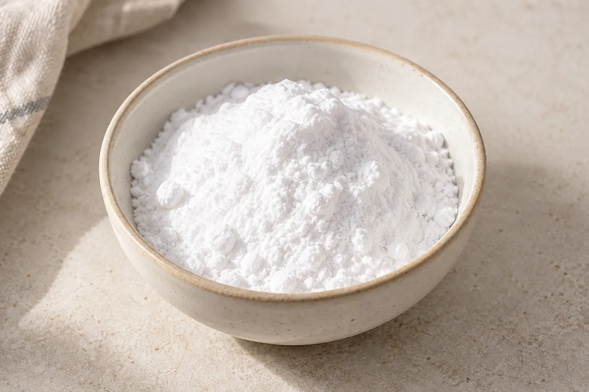 Bicarbonate de soude sur un fond de lin clair.