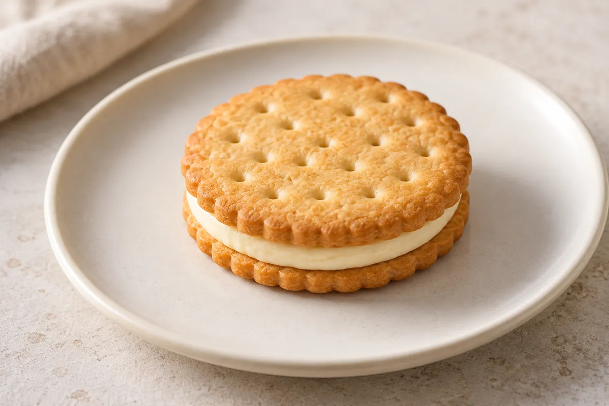 Biscuit fourré sur un fond de lin clair.