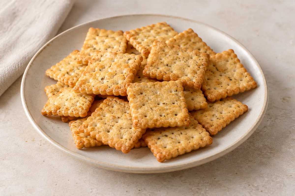 Biscuit ou cracker apéritif sur un fond de lin clair.