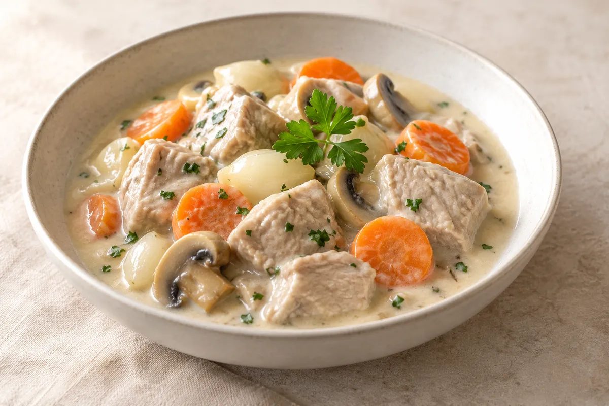 Blanquette de veau sur un fond de lin clair.