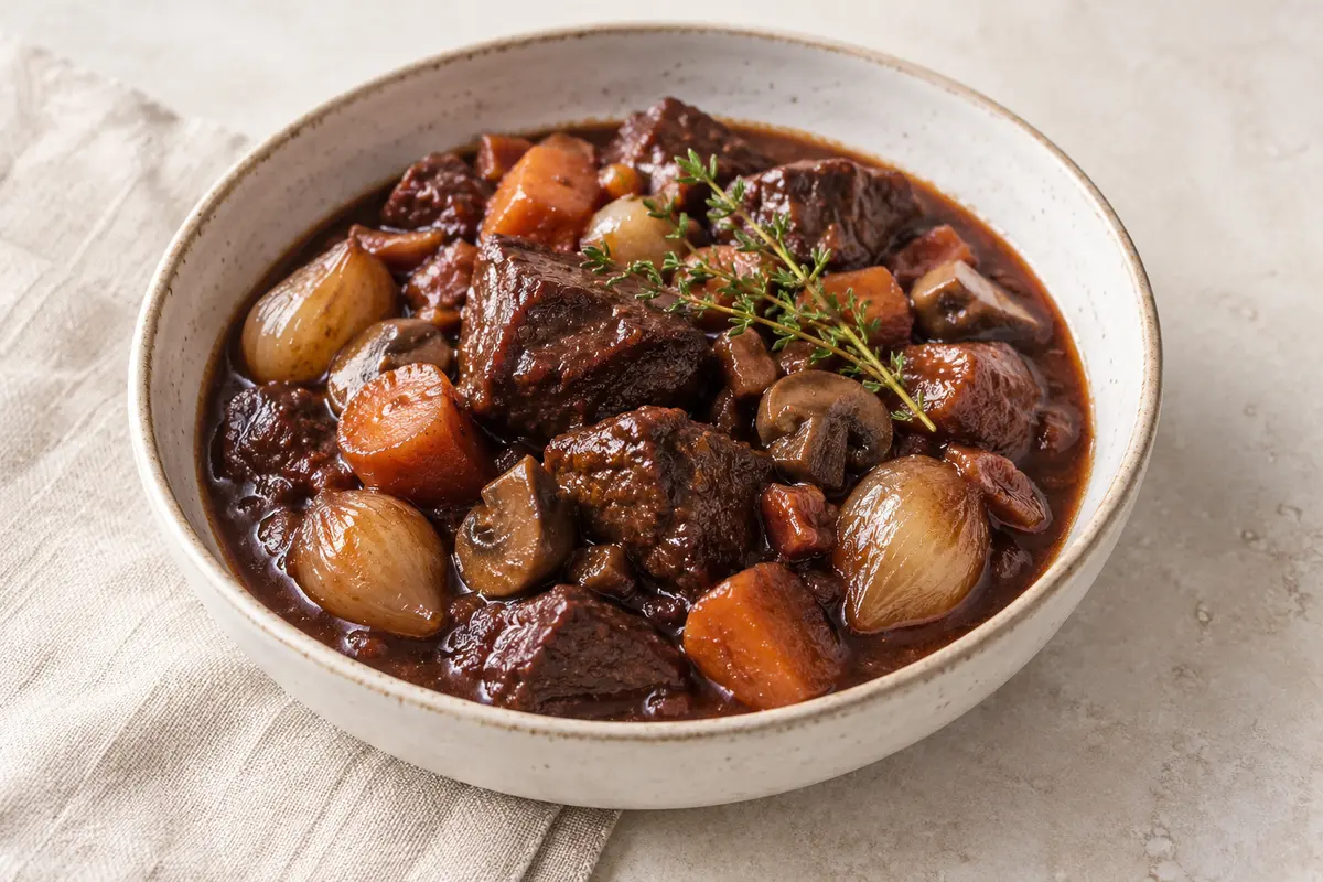 Boeuf à bourguignon sur un fond de lin clair.