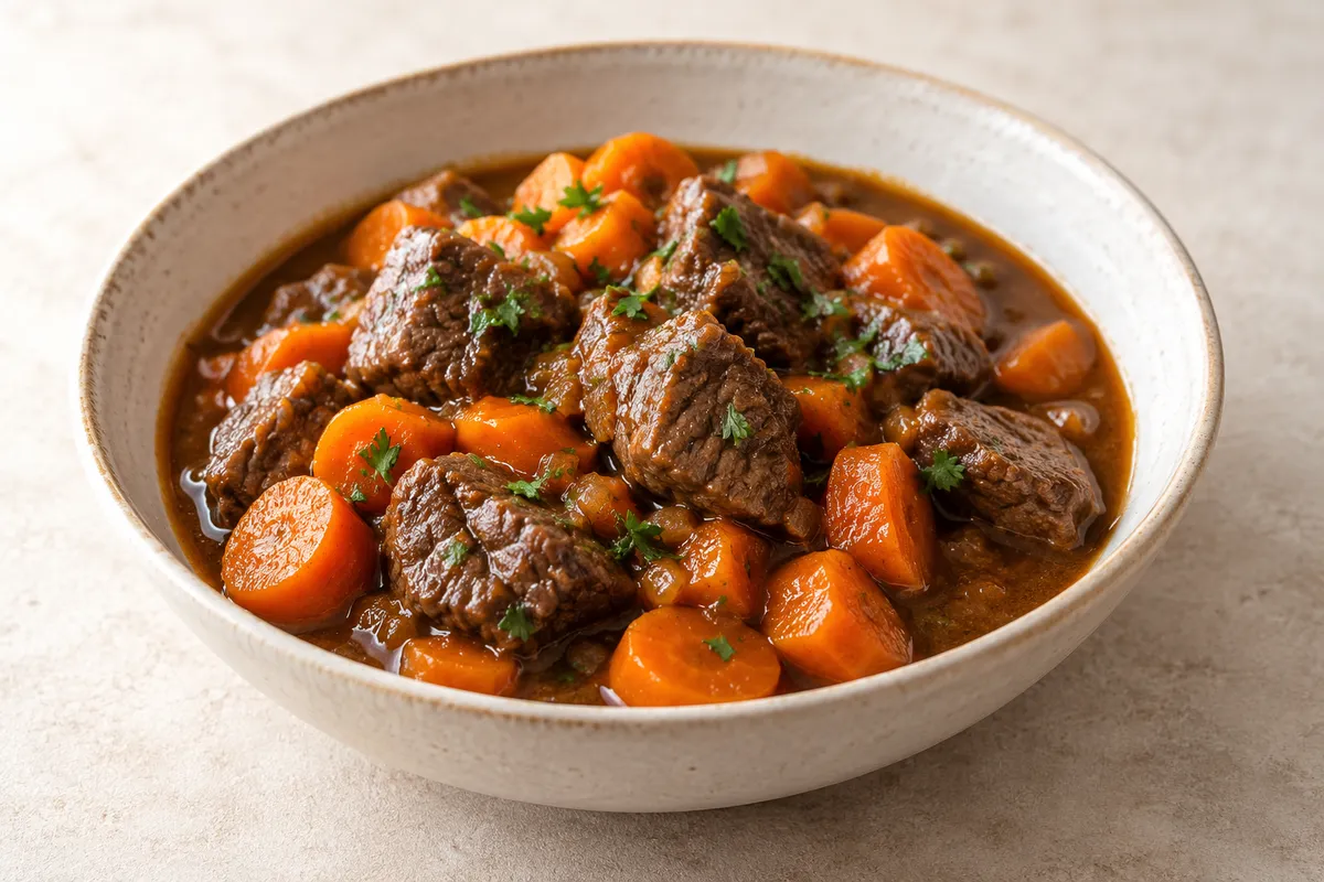 Boeuf aux carottes sur un fond de lin clair.
