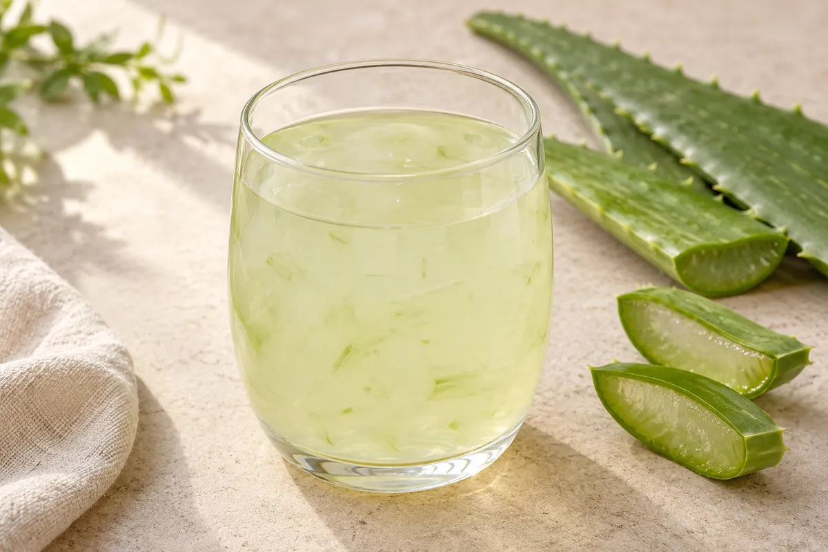 Boisson à l'aloe sur un fond de lin clair.
