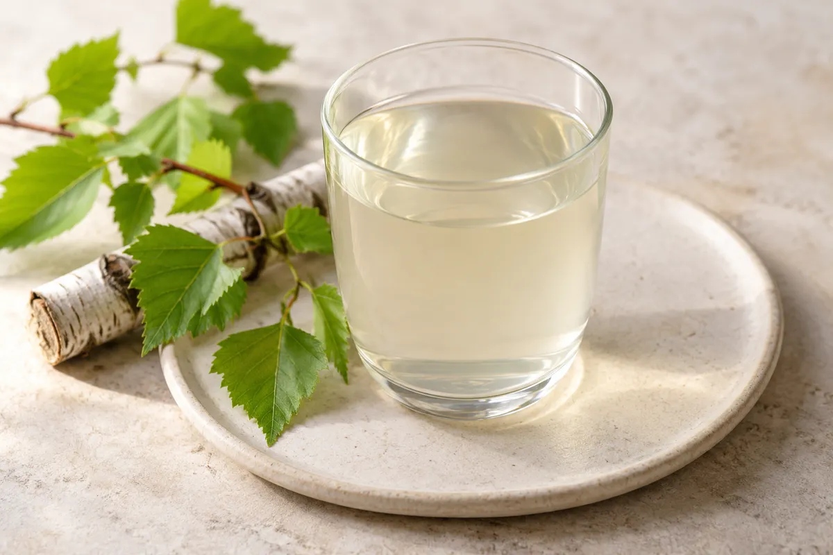 Boisson à la sève sur un fond de lin clair.
