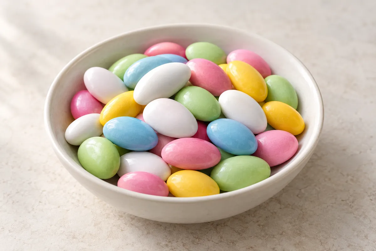 Bonbon dragéifié sur un fond de lin clair.