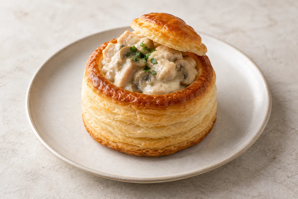 Bouchée à la reine sur un fond de lin clair.