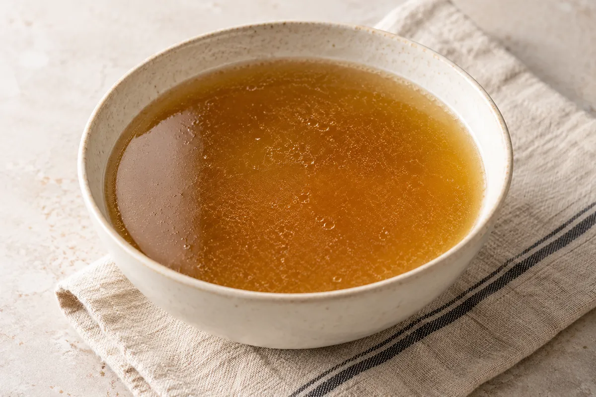 Bouillon de viande sur un fond de lin clair.