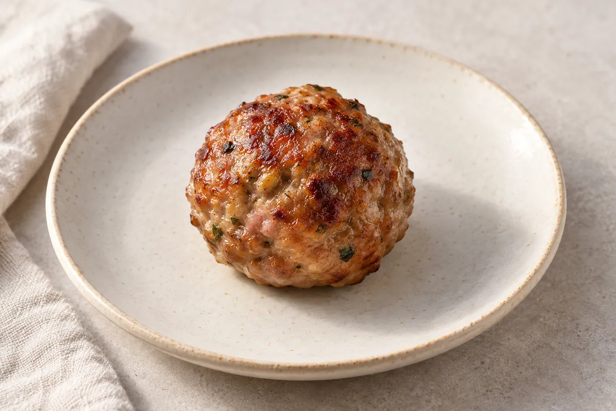 Boulette au porc sur un fond de lin clair.