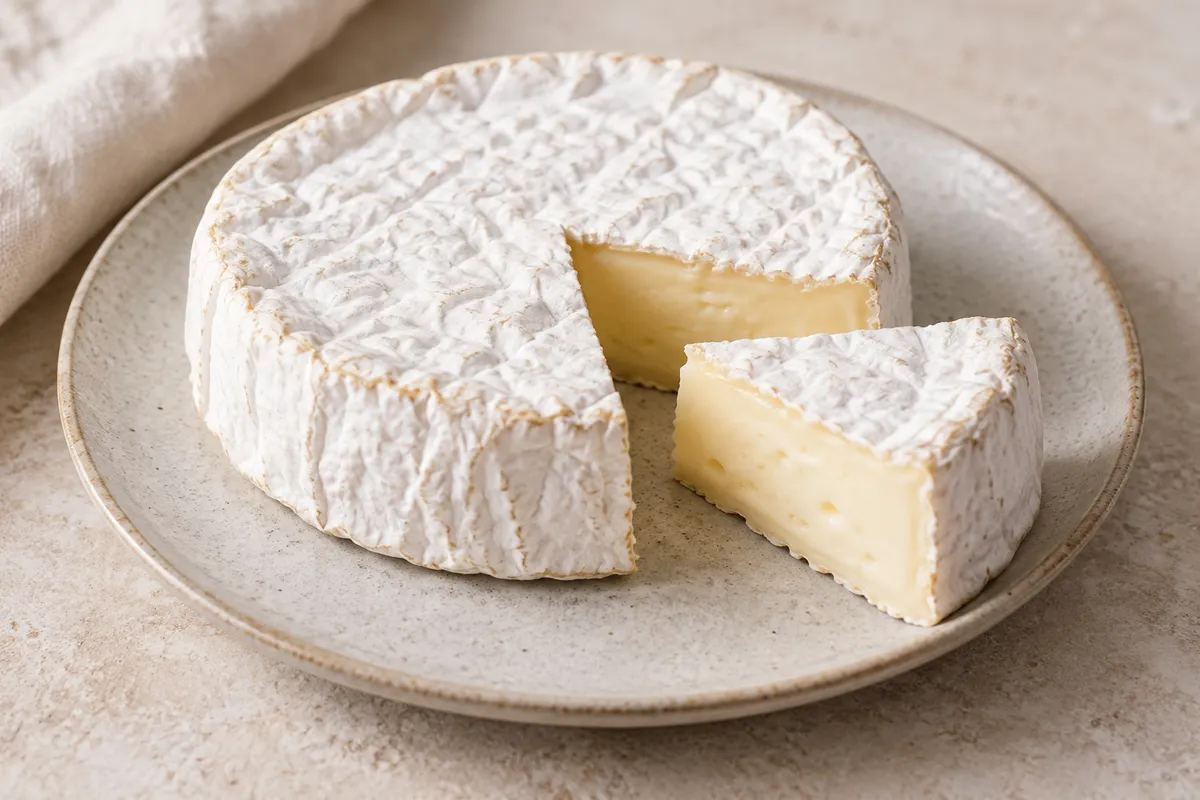 Brie de melun sur un fond de lin clair.