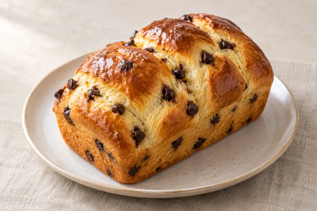 Brioche aux pépites sur un fond de lin clair.