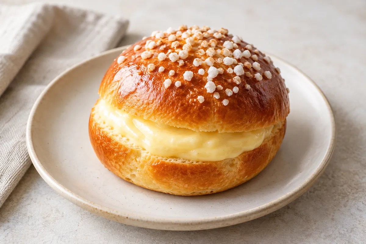 Brioche fourrée sur un fond de lin clair.