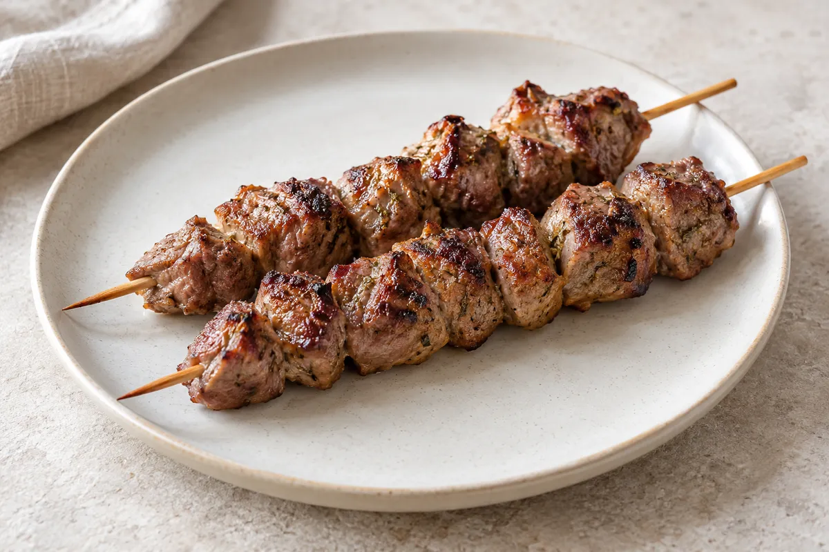 Brochette d'agneau sur un fond de lin clair.
