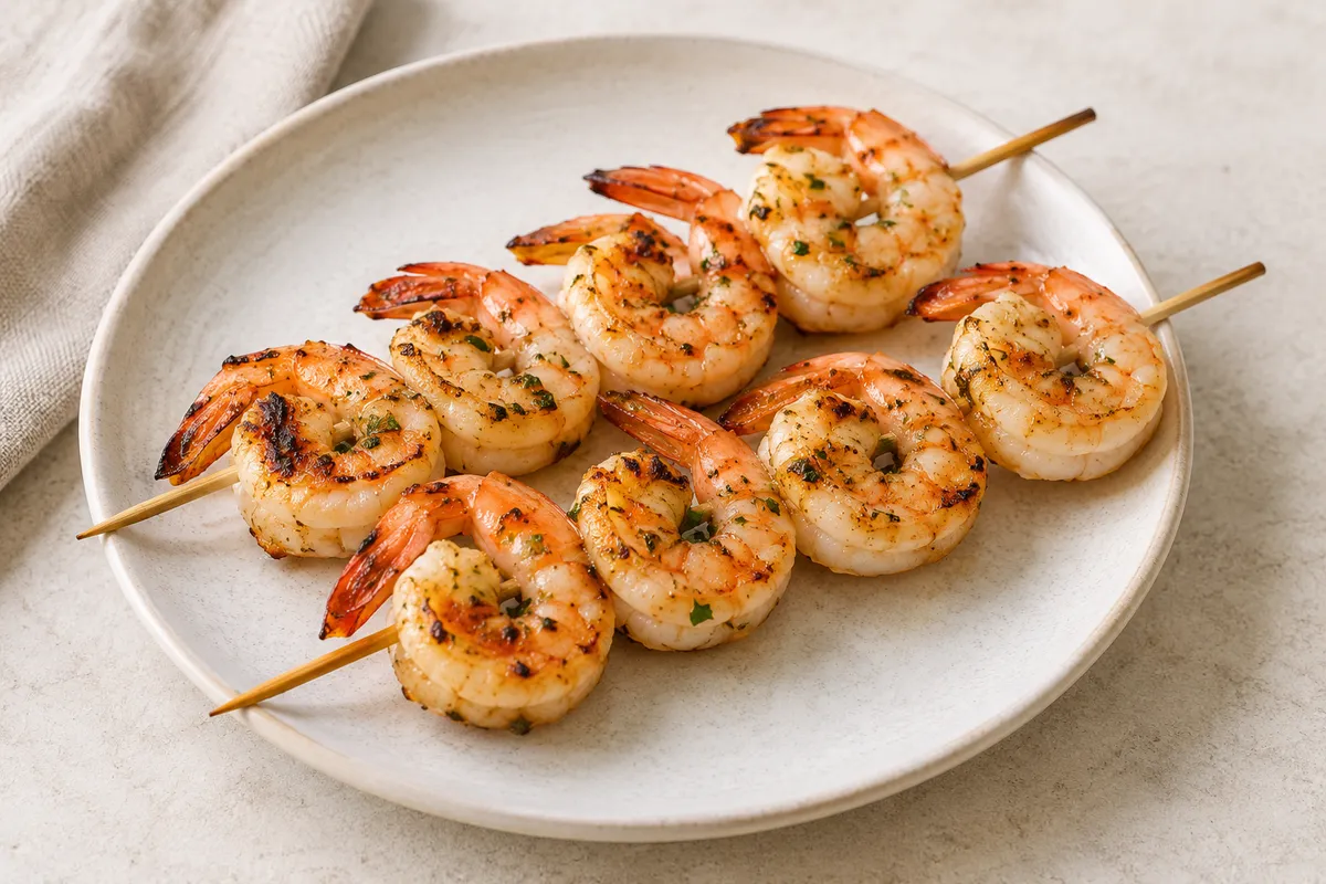Brochette de crevettes sur un fond de lin clair.