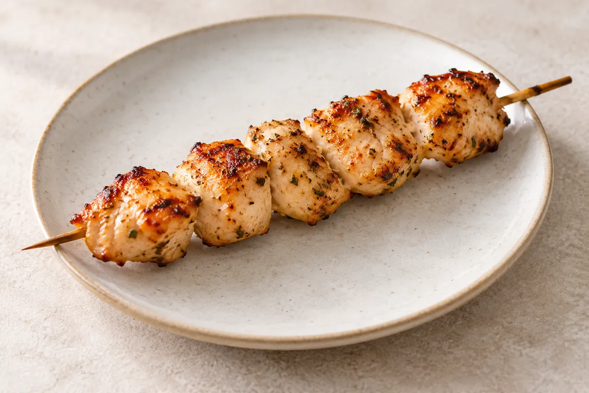 Brochette de volaille sur un fond de lin clair.