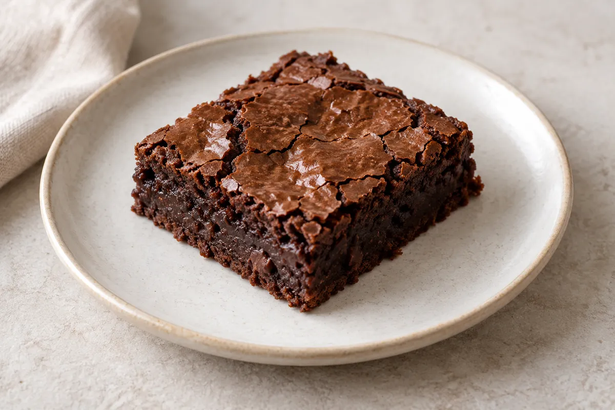 Brownie au chocolat sur un fond de lin clair.
