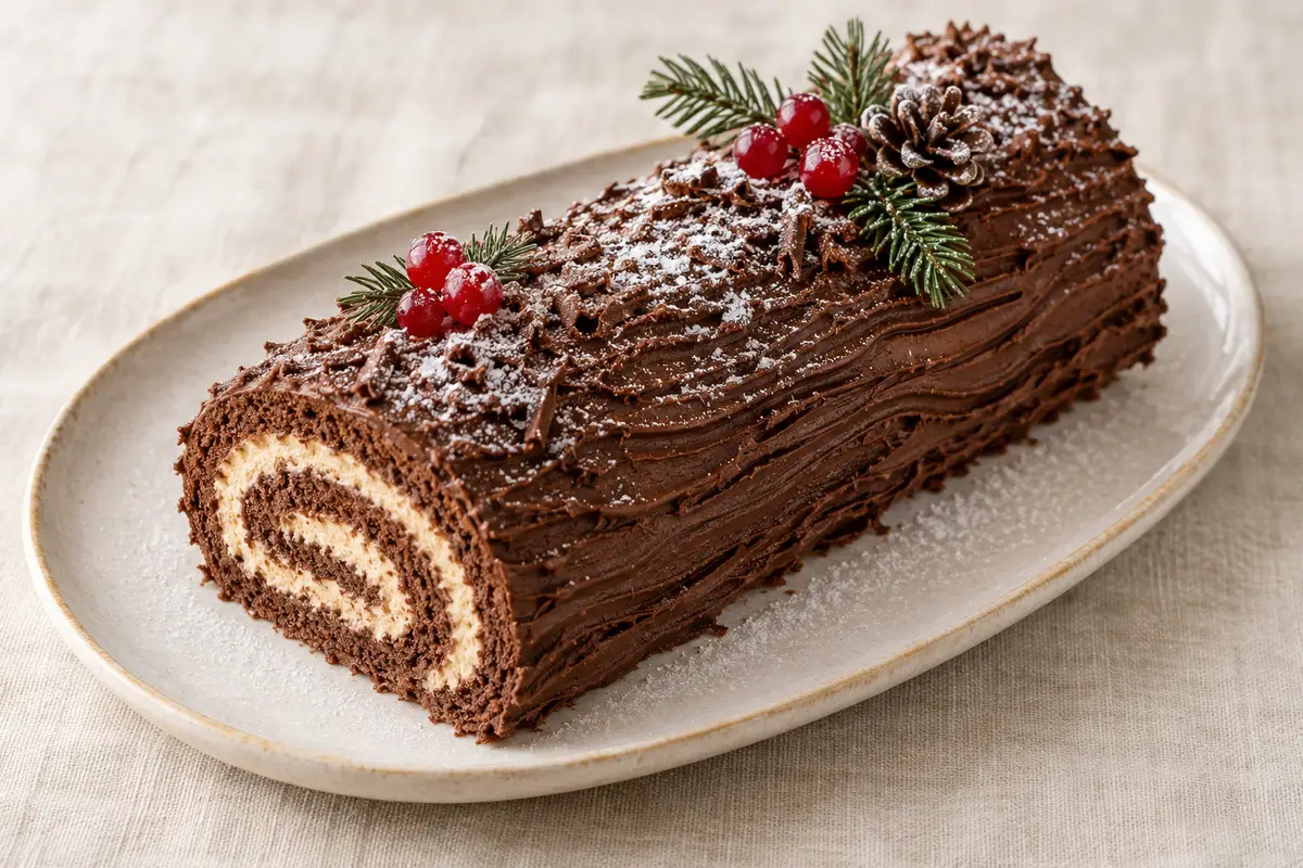 Bûche de noël sur un fond de lin clair.