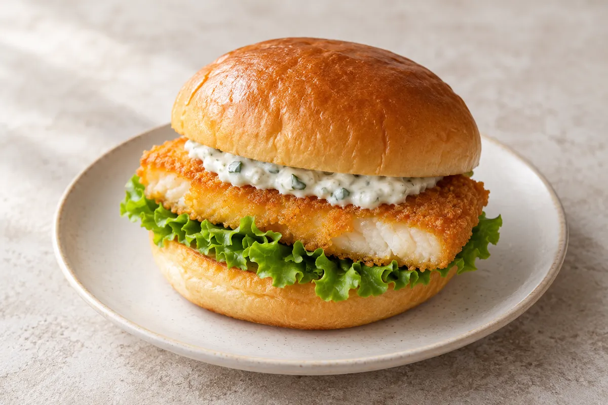 Burger au poisson sur un fond de lin clair.