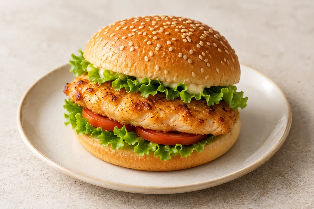 Burger au poulet sur un fond de lin clair.