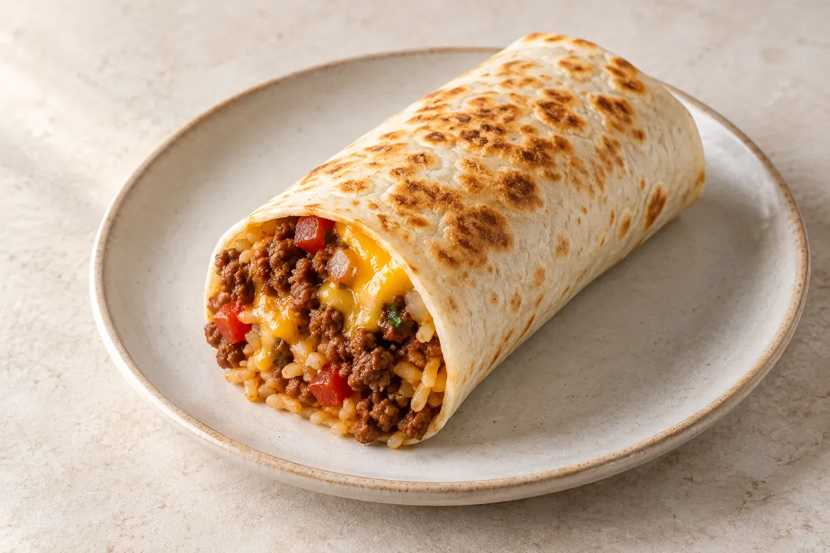 Burrito au boeuf sur un fond de lin clair.