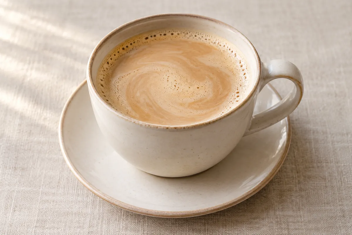 Café au lait sur un fond de lin clair.