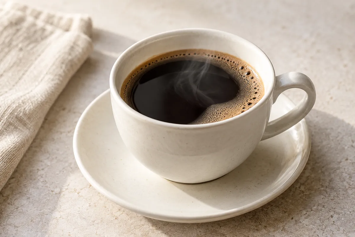Café décaféiné sur un fond de lin clair.