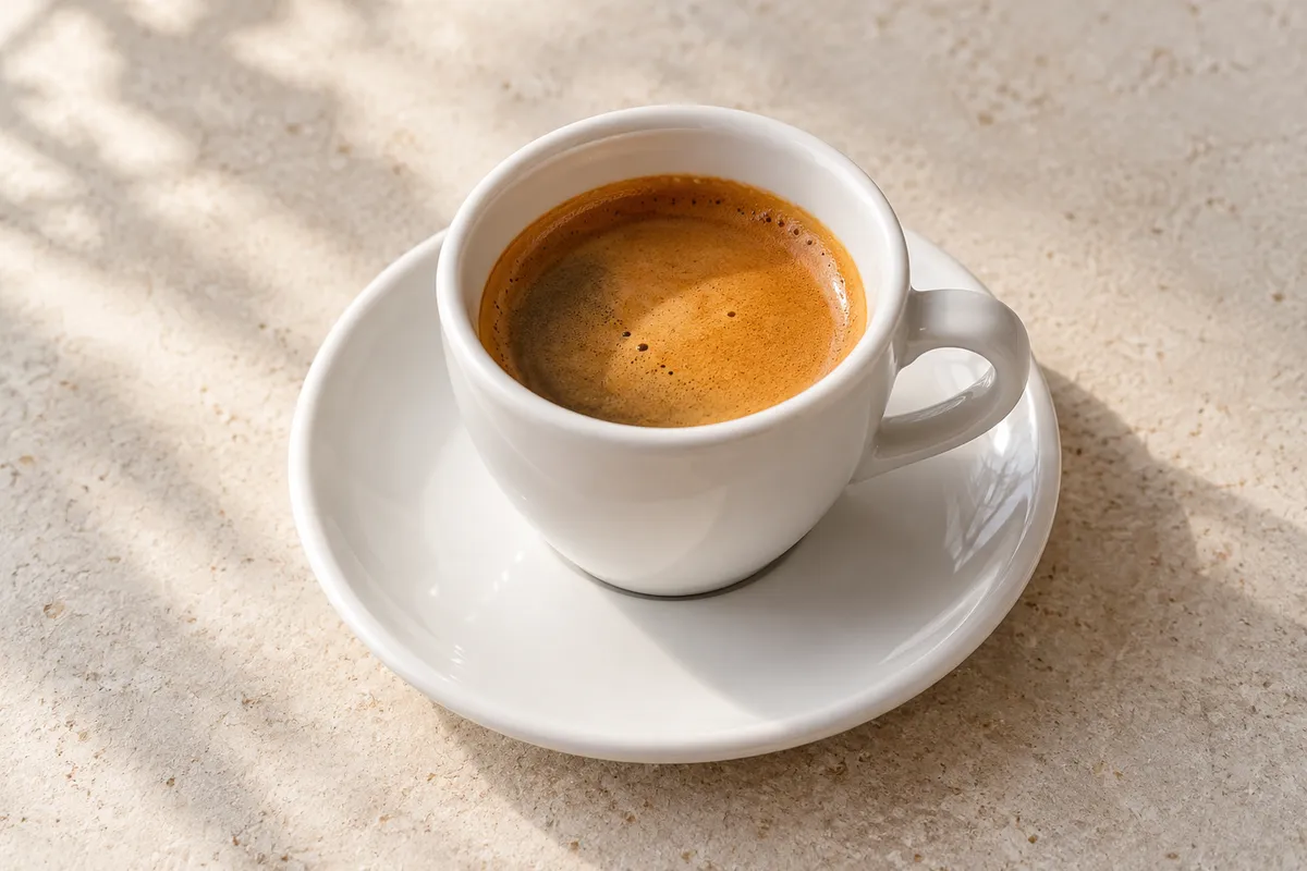 Café expresso sur un fond de lin clair.