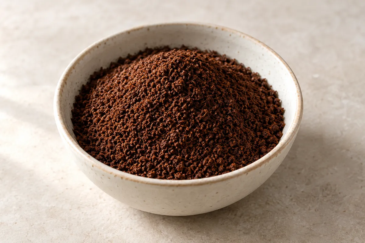Café moulu sur un fond de lin clair.
