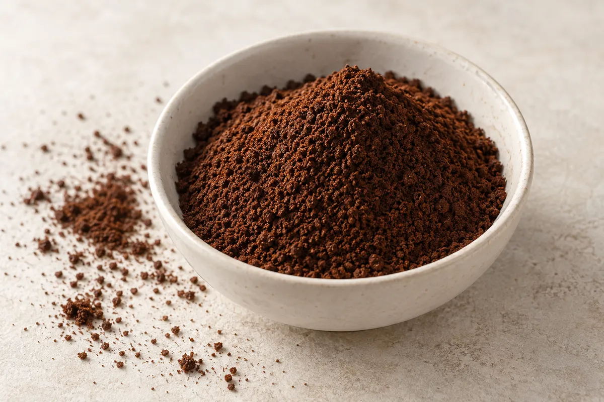Café poudre sur un fond de lin clair.